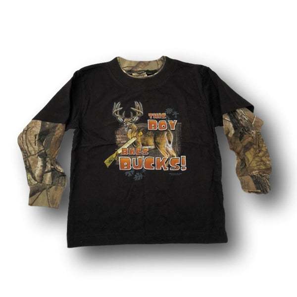 "This Boy Bags Bucks" Long Sleeve Little Hunter Camo T-shirt - 2T - 4T - Deer Shack